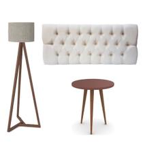 Conjunto Cabeceira Painel Estofada Capitonê 140 cm Suede Areia Paris e Mesa de Apoio Legs Terracota com Luminaria de chão Tebarrot Classic Amêndoa