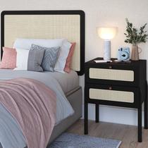 Conjunto Cabeceira Solteiro 90cm e Mesa de Cabeceira 2 Gavetas Pé Madeira Palhinha Oslo Nero