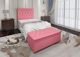 Conjunto Cabeceira Solteiro e Recamier Baú 0,90m Mari Suede Rosa SKY MOBILE Conjunto Cabeceira Solteiro e Recamier Baú 0,90m Mari Suede Rosa SKY MOBILE