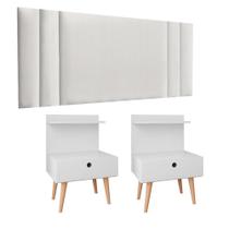 Conjunto Cabeceira Suspensa Cama Casal Box 1,40 e Kit 2 Mesinhas Quarto Prateleira e Gaveta Branco