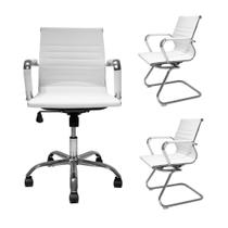 Conjunto Cadeiras De Escritório Diretor Secretária Com 2 Interlocutor Stripes Esteirinha Eames Eiffel Branca