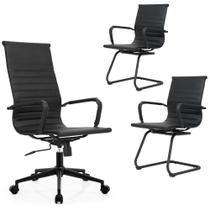 Conjunto Cadeiras de Escritório Moob Berlim 1 Cadeira Presidente e 2 Cadeiras Executivas Base Fixa Esteirinha All Black