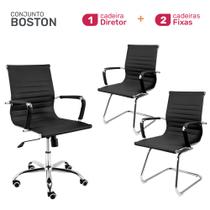 Conjunto Cadeiras de Escritório Moob Boston 1 Cadeira Diretor e 2 Cadeiras Executivas Base Fixa Esteirinha Preta