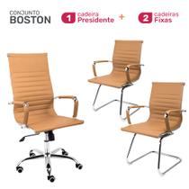 Conjunto Cadeiras de Escritório Moob Boston 1 Cadeira Presidente Giratória e 2 Cadeiras Executivas Base Fixa Esteirinha Caramelo