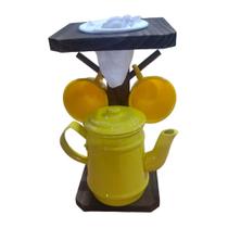 Conjunto Café com Bule de Alumínio e Suporte Rústico - Amarelo