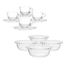 Conjunto Café Da Manha 4 Xícaras Com Pires De Cristal 80ml & 4 Tigelas Pearl