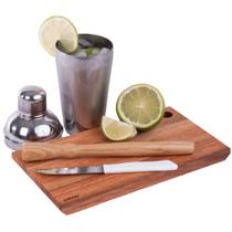 Conjunto Caipirinha 4 Peças Utily Tábua de Madeira Coqueteleira 500ml Socador e Faca Branca