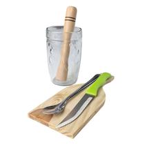 Conjunto caipirinha copo socador tabua faca colher kit preparo de bebiba 5 peças