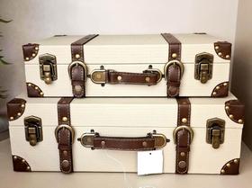 Conjunto Caixas Decorativas Formato Mala Bege Couro Alças