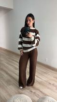 Conjunto Calça/Blusa Listras Tricot Mousse Inverno Cor:Marrom/OffTamanho:36-42 Conjunto Calça/Blusa Listras Tricot Mousse Inverno Cor:Marrom/OffTamanho:36-42