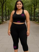 Conjunto Calça Capri Top Plus Size Nadador Suplex Estampado Academia Pilates Cós Alto Cor Preta G1 Ao G5