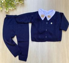 Conjunto calça + casaco em tricot + body em algodão bordado de urso