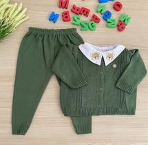 Conjunto calça + casaco em tricot + body em algodão bordado de urso