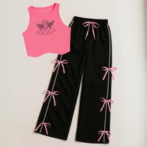 Conjunto Calça com Laços e Bolsos nas Laterais Estilo Coquette e Cropped de Anjo Rosa