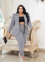 Conjunto Calça e blazer Feminino Terninho Plus Size Tamanho Grande Social Xadrez Casual Elegante Jacquard