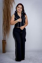 Conjunto calça e cropped duna calça pantalona com bolsos na calça cordão para amarrar blusa com ziper e gola sem manga Conjunto calça e cropped duna calça pantalona com bolsos na calça cordão para amarrar blusa com ziper e gola sem manga