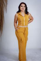Conjunto calça e cropped duna calça pantalona com bolsos na calça cordão para amarrar blusa com ziper e gola sem manga Conjunto calça e cropped duna calça pantalona com bolsos na calça cordão para amarrar blusa com ziper e gola sem manga