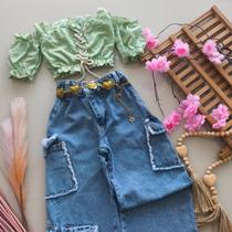 Conjunto Calça Jeans cargo Wide Leg e blusa ciganinha luxo Conjunto Calça Jeans cargo Wide Leg e blusa ciganinha luxo