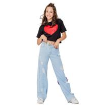 Conjunto calça jeans wildleg + cropped malha estampa coraçao