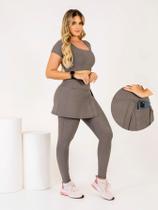 Conjunto Calça legging Saia Fenda Com Bolso Top Cropeed Moda Evangélica Fitness Treino Academia The Start