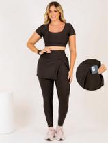 Conjunto Calça legging Saia Fenda Com Bolso Top Cropeed Moda Evangélica Fitness Treino Academia The Start