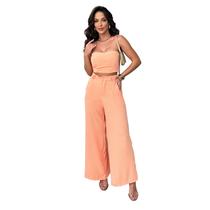 Conjunto Calça Pantalona Cintura Alta e Cropped em Duna