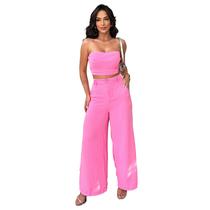 Conjunto Calça Pantalona Cintura Alta e Cropped em Duna