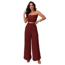 Conjunto Calça Pantalona Cintura Alta e Cropped em Duna