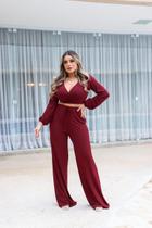 Conjunto Calça Pantalona e Blusa Manga Longa Transpassada