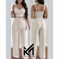 conjunto calça pantalona e cropped areia duna luxo verão alfataria Alça Regulagem bojo 2025