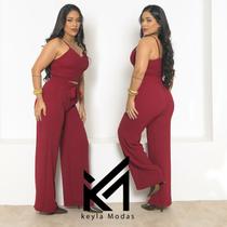conjunto calça pantalona e cropped areia duna luxo verão alfataria Alça Regulagem bojo 2025