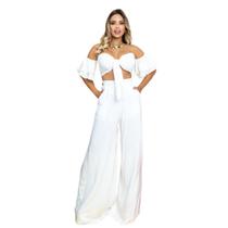 Conjunto calça pantalona e cropped de manga ciganinha Moda Primavera Verão Reveillon Natal Conjunto calça pantalona e cropped de manga ciganinha Moda Primavera Verão Reveillon Natal