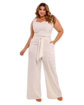 Conjunto Calça Semi Pantalona e Cropped Linho Off White