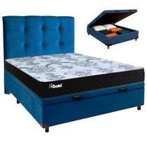 Conjunto Cama Box Bau Azul Casal + Colchão Molas Ensacadas Life Gold Paropas + Cabeceira