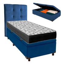 Conjunto Cama Box Bau Azul Solteiro + Colchão D33 Iso100 Ortobom + Cabeceira