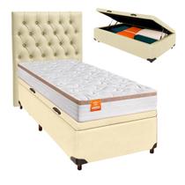 Conjunto Cama Box Bau Bege Solteiro + Colchão Molas Ensacadas Isis Real Inducol + Cabeceira