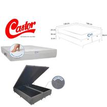 Conjunto Cama Box Baú Bipartida Blindada Click com Colchão Castor Class New Tecnopedic One Face 138x188 Confortável e Praticidade