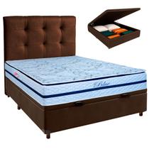 Conjunto Cama Box Bau Blindado Casal + Colchão Molas Ensacadas Blue Paropas + Cabeceira