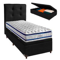 Conjunto Cama Box Bau Blindado Solteiro + Colchão Molas Ensacadas Blue Paropas + Cabeceira