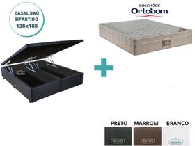 Conjunto Cama Box Baú Casal Bipartido + Colchão Ortobom Airtech SpringPocket 138x188x72