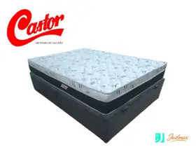 Conjunto Cama Box Baú Casal + Colchão Castor Molas Class 138x188x67
