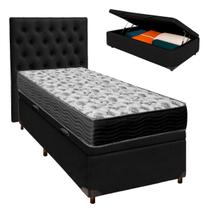Conjunto Cama Box Bau Preto Solteiro + Colchão D33 Iso100 Ortobom + Cabeceira