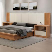 Conjunto Cama + Cabeceira + 2 Mesas Cabeceira MDF Freijó/Off