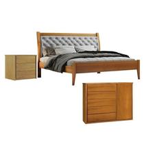 Conjunto Cama Casal Queen 160cm Vivare, Cômoda 5 Gavetas Unique e Mesa de Cabeceira Unique