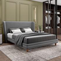 Conjunto Cama com Cabeceira Queen Torres Pés em Madeira Veludo Cinza G91 - Gran Belo