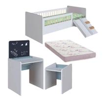 Conjunto Cama Montessoriana Com Colchão Ortobom E Escolinha Infantil Branco Azul Melvin Shop Jm