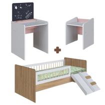 Conjunto Cama Montessoriana Com Mesa Infantil Aveiro Oak Branco Rosa Shop JM