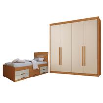 Conjunto Cama Solteiro 5 Gavetas Júlia e Guarda-roupa Casal 4 Portas 4 Gavetas Bergamo