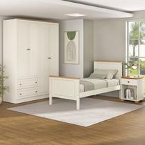 Conjunto Cama Solteiro, Guarda-Roupa 4 Portas e 1 Mesa de Cabeceira Ananda CabeCasa MadeiraOriginals Bege/Off White/Mel
