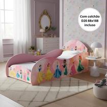 Conjunto Cama Solteiro Princesas com Proteção Lateral com Colchão Mdf - Rosa Conjunto Cama Solteiro Princesas com Proteção Lateral com Colchão Mdf - Rosa